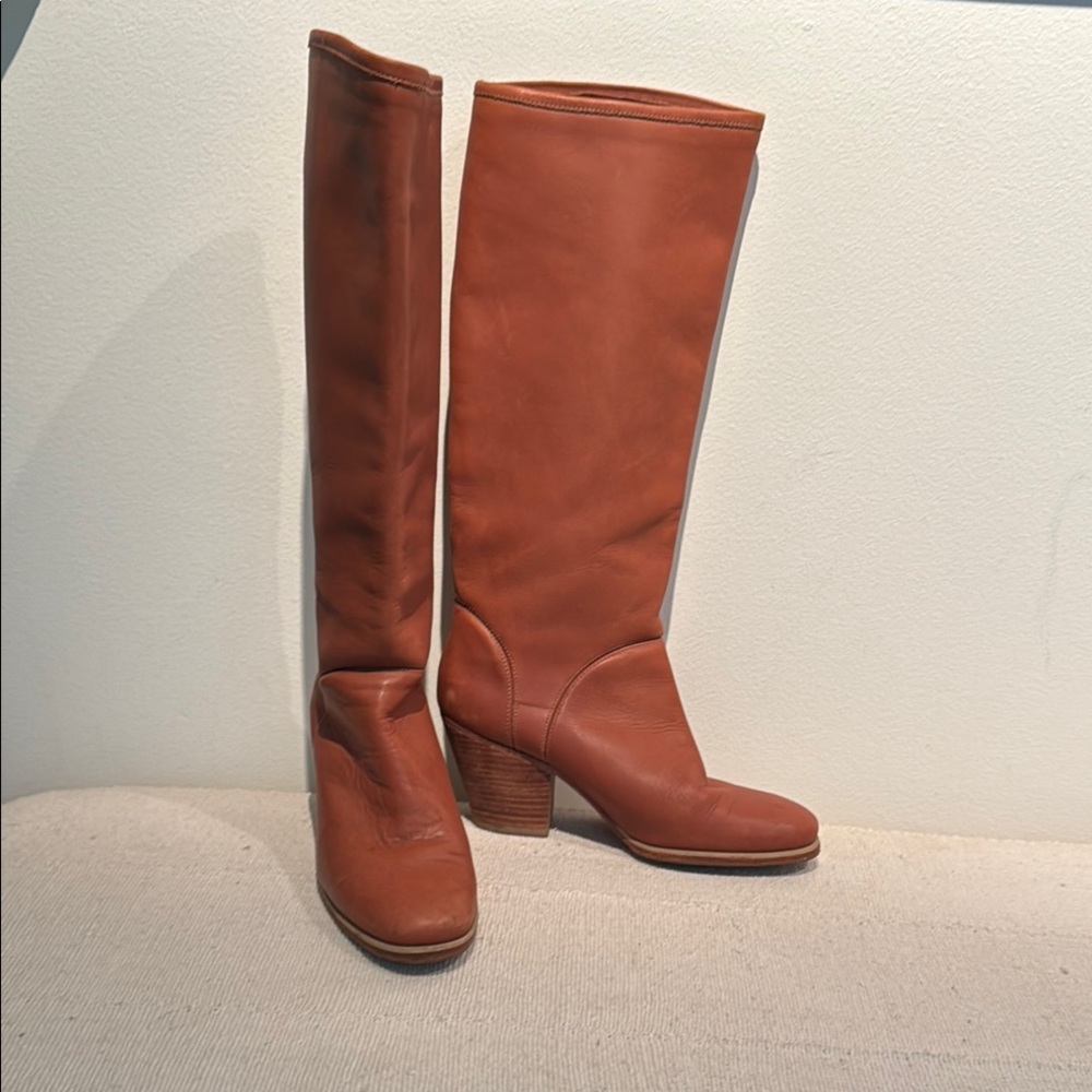 Rachel Comey knee high tan leather stacked wood heel boots size 7
